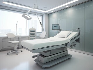 Wall Mural - Modern hospital room with a bed, chair, and window. AI-generated.