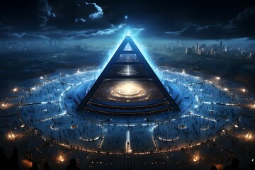Wall Mural - giant pyramid in the center of a gloomy city surrounded by blue glowing. ai-generated.