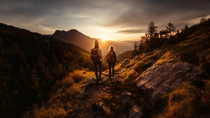 Poster - AI generated illustration of two people on the rocky trail of a mountain at sunset