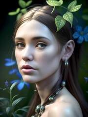 Sticker - AI generated digital art: Female fantasy beauty in a tropical jungle with many colorful flowers