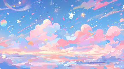 hand drawn beautiful cartoon night starry sky landscape illustration
