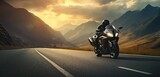 motorbike on the road riding. having fun driving the empty road on a motorcycle tour journey. copyspace for your individual text. Created with Generative AI technology.