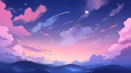 Hand drawn beautiful cartoon night starry sky landscape illustration
