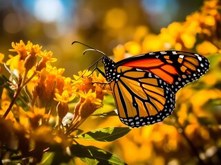 Wall Mural - AI generated illustration of A beautiful butterfly perched on a vibrant yellow flower