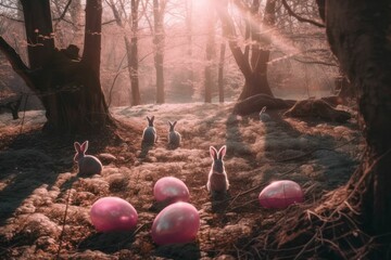 Poster - AI generated illustration of adorable rabbits in a grassy field surrounded by easter eggs, trees