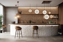 Home Bar Counter With Contemporary Interior Design. Round Ceramic Tiles Have Been Used To Embellish The Wall. Generative AI