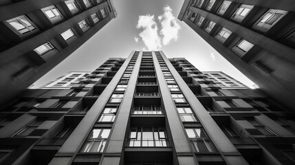 Poster - AI generated illustration of a cityscape with several high-rise apartment buildings in grayscale