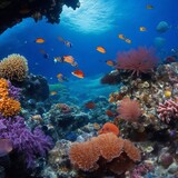 Fototapeta Do akwarium - AI generated image of underwater area with swimming fish and coral reefs