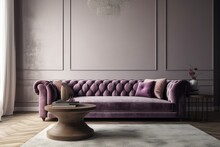 Couch With Bright Accents In The Living Room. Velour Modern Purple Couch A Blank Wall In Ivory, Beige, Or Taupe, Tan, Or Creamy Tones. Interior Of A Stark, Wealthy, Minimalist Room. Generative AI