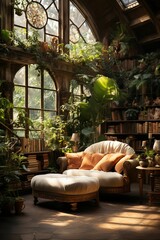 Wall Mural - antique living room interior with a comfortable armchair, vibrant green plants adorning the walls