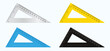 Set of school supplies, triangle ruler in metallic, yellow, blue and black colors.
