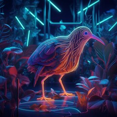 Canvas Print - AI generated illustration of a kiwi illuminated by a fibre optic light, creating a vibrant effect