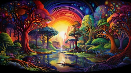 Wall Mural - ai generated illustration of an oil painting with a river in a lush meadow against a colorful sky