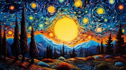 Wall Mural - ai generated illustration of an oil painting with a river in a lush meadow against a colorful sky