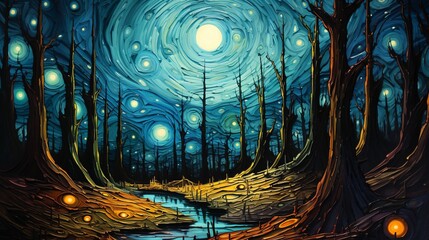 Wall Mural - ai generated illustration of an oil painting with a river in a lush meadow against a night sky