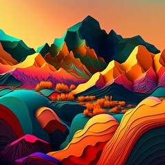 Sticker - AI generated illustration of picturesque colorful mountain range