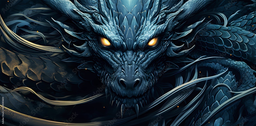 AI generated illustration of a majestic blue dragon with glowing eyes ...