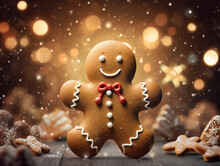 Gingerbread Man Banner. Festive Background With Smiling Gingerbread Man Cookies Over Blurred Bokeh Background, Copy Space. Happy Winter Holidays Concept. Merry Christmas And Happy New Year Background