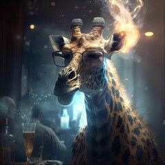 Poster - AI generated illustration of a giraffe wearing glasses, with bubbles emerging from its ears