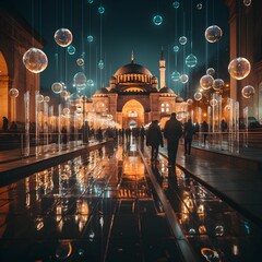 AI generated image of people walking against Hagia Sophia museum