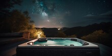 AI Generated Illustration Of A Hot Tub Surrounded By A Night Sky And Distant Mountain Silhouettes