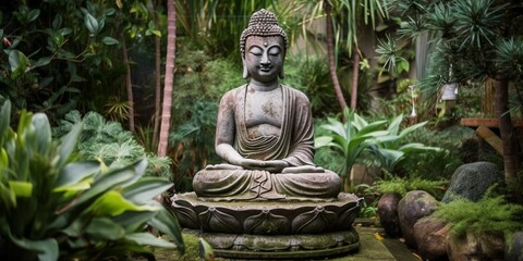 Poster - AI generated illustration of a stone Buddha statue in the center of a lush garden