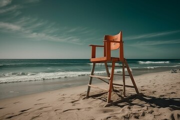 Sticker - an orange chair sitting on top of a sandy beach next to the ocean