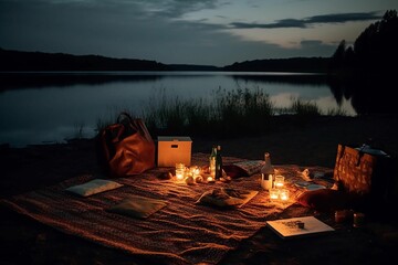 Poster - AI generated illustration of an intimate outdoor gathering featuring a picnic set up with candles