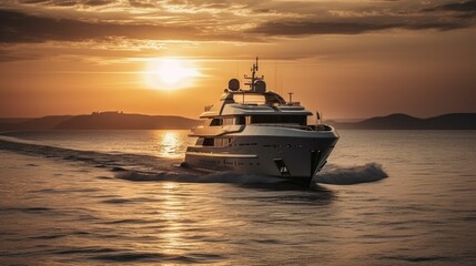 Wall Mural - ai generated illustration of white boat in the open ocean during a beautiful sunset