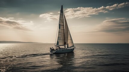 Wall Mural - ai generated illustration of white boat in the open ocean during a beautiful sunset