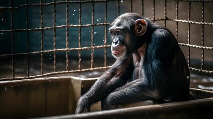 Wall Mural - AI-generated illustration of a chimpanzee in captivity.