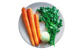 Fresh vegetables on ceramic plate isolated on transparent background. Peeled carrots, onions, green parsley top view