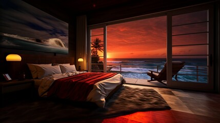 Sticker - Comfortable bedroom featuring a large bed with a stunning view of the sunset. AI-generated.