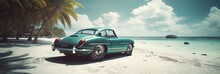AI Generated Illustration Of A Blue Vintage Car Parked On A Sandy Beach