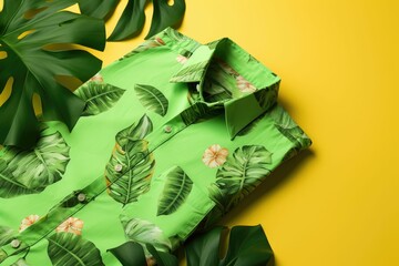 Sticker - AI generated illustration of a tropical green shirt on a vibrant yellow background of fern branches