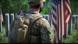 © Andrey Pakhomov1/Wirestock Creators - AI generated illustration of a military serviceman standing in a graveyard