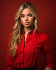 a beautiful blonde woman in a red shirt