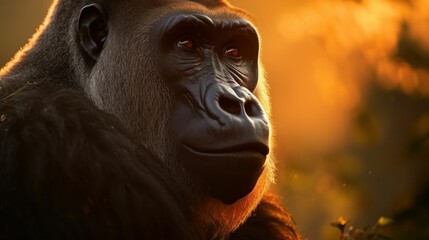 Wall Mural - AI generated illustration of A portrait of a gorilla illuminated by the setting sun