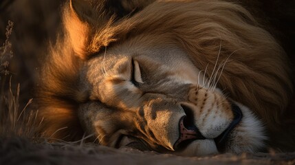 Poster - AI generated illustration of A majestic African lion lying in a sandy habitat,