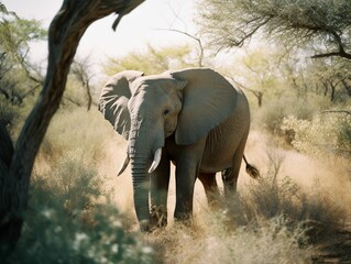 Poster - AI generated illustration of an African elephant ttravelling through a lush green grassy field