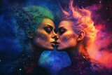 Fototapeta  - Lesbian couple in a zero-gravity environment, connecting noses in a tender expression - Ai generated