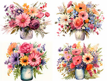 Wildflower Bouquets Clipart Set Isolated On A White Background. Elements Constructor For Design Congratulations, Invitations, Cards, Banners, Crafts, Art Projects