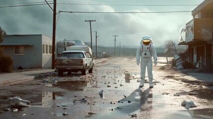 Sticker - AI generated illustration of a spaceman standing in front of some cars on a rainy day