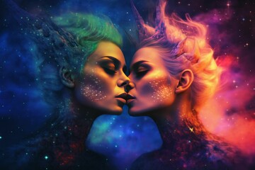  Lesbian couple in a zero-gravity environment, connecting noses in a tender expression - Ai generated
