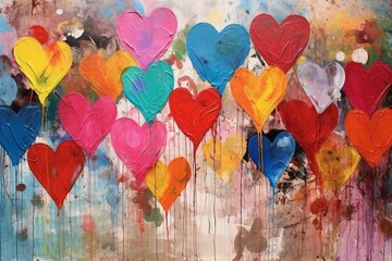 Poster - Oil painting with multicolored hearts on the canvas. AI-generated.