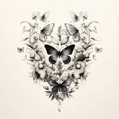 Sticker - AI generated illustration of a drawing of a heart-shaped arrangement of flowers and butterflies