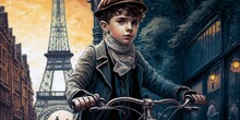 AI Generated Illustration Of A Young Boy Riding A Bicycle In Front Of The Iconic Eiffel Tower