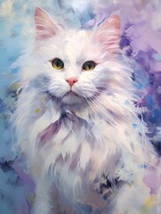 Sticker - AI generated illustration of a white cat painted on a canvas background