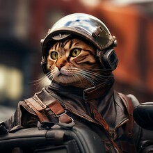 A Cat Wearing A Motorcycle Helmet And Clothing With Its Head Cocked In Curiosity