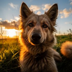 Sticker - A cute canine looking into the camera with a beautiful sunset in the background